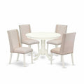 HomeStock 5-Piece Linen White Finish Solid Wood Top Dining Table with 4 Parson Chair