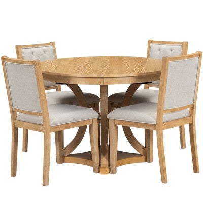 Merax Stylish 5-Piece Retro Dining Set with Extendable Round Table & 4 Upholstered Chairs