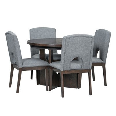 5 Pieces Extendable Round Dining Table Set for 4, Modern Kitchen Dining Table with Removable Leaf and 4 Upholstered Chairs for Dining Room