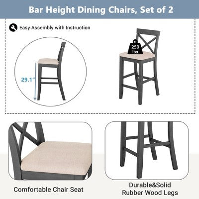 3-Piece Farmhouse Bar Height Dining Table Set Kitchen Breakfast Nook Counter Height Dining Set Small Dinette with 2 Cushioned Chairs-HABITRIO