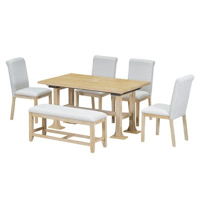 Farmhouse 6-Piece Extendable Dining Table Set with Removable Leaf and Upholstered Dining Chair and Bench 4W - ModernLuxe