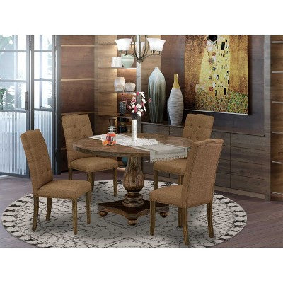 HomeStock 5-Piece Distressed Jacobean Finish Solid Wood Top Dining table with 4 Chairs