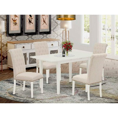 HomeStock 5-Pc Linen White Finish Solid Wood Top - Rectangular Button Tufted Dining Room Set with Butterfly Leaf - Seats 4