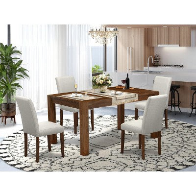 HomeStock Belmont 5-Pc Modern Dining Table Set- 4 Dining Chairs , Wood Dining Table - Grey Linen Fabric Seat , High Chair Back (Antique Walnut Finish)