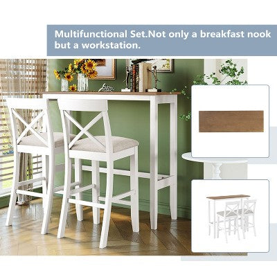 3-Piece Farmhouse Bar Height Dining Table Set Kitchen Breakfast Nook Counter Height Dining Set Small Dinette with 2 Cushioned Chairs-HABITRIO