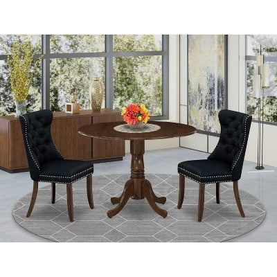 3-Piece Antique Walnut Finish Solid Wood Top-Round Upholstered Dining Room Set -Seats 4