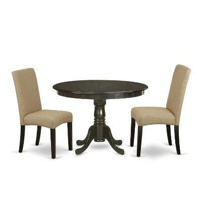 Round Dining Table Set 3pc - 42 Table & 2 Parson Chairs - Cappuccino Finish - Linen Fabric - Home Dining Room