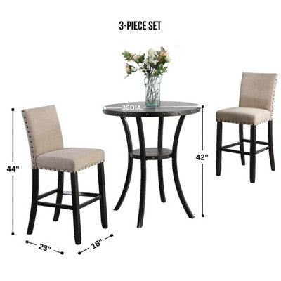 Biony 3-Piece 36 Round Espresso Finish Bar Table with 2 Tan Fabric Nail Head Pub Chairs
