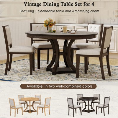 5-Piece Retro Dining Set with Extendable Round Table and 4 Upholstered Chairs