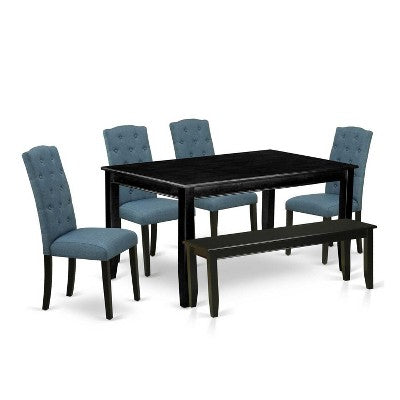 HomeStock 6-Piece Rectangle Black Finish Solid Wood Top Dining Table with 1 Bench, 4 Chairs