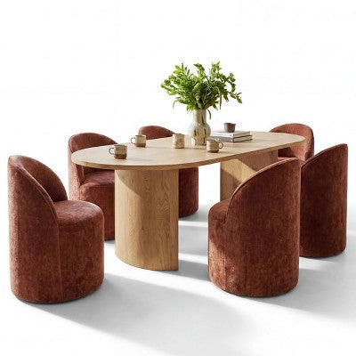 Dining Table Set for 6, Oval 79 Table and Chenille Fabric Armless Barrel Chairs with Casters, Perfect for Kitchens-Panipeachy