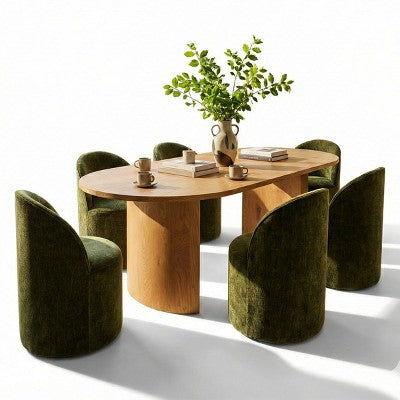Dining Table Set for 6, Oval 79 Table and Chenille Fabric Armless Barrel Chairs with Casters, Perfect for Kitchens-Panipeachy