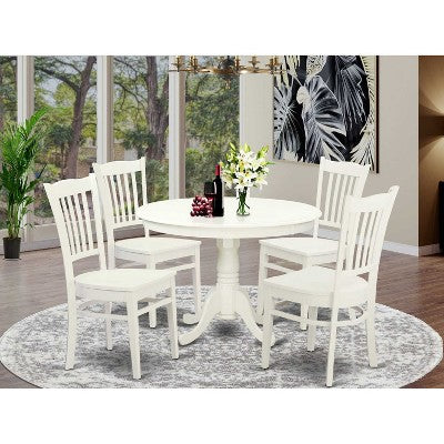 HomeStock Belmont 5 Piece Dining Room Furniture Set Includes a Round Dining Table with Pedestal and 4 Wood Seat Chairs, 42x42 Inch, Linen White