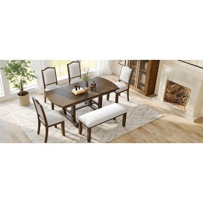 Farmhouse Extendable Dining Table Set for 6, 7 Pieces Wood Expanding Kitchen Table Set with 6 Upholstered Chairs