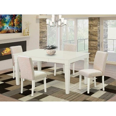 Rectangle Kitchen Dining Table Set - 5pc Table & 4 Chairs - Linen White Legs - Light Beige Fabric