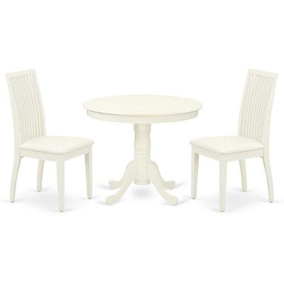 3-Piece Linen White Finish Solid Wood Top - Round Dining Room Set - Seats 4