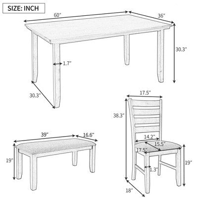 Farmhouse Kitchen Dining Table Set for 6, Wood Rectangle Table and 4 Upholstered Chairs & Bench