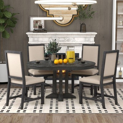 5-Piece Dining Set with Extendable Round Table and 4 Upholstered Chairs - ModernLuxe