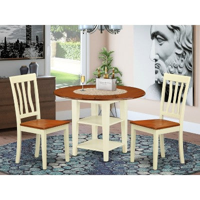 HomeStock Belmont 3 Piece Sudbury Set With One Round Dinette Table And Two Dinette Chairs With Wood Seat In A Beautiful Buttermilk and Cherry Finish