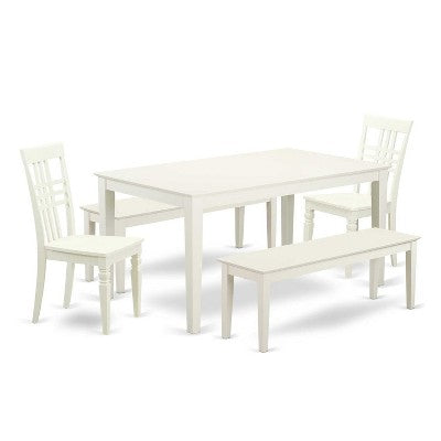 HomeStock 5-Piece Rectangle Linen White Finish Solid Wood Top Dining Table with 2 Benches, 2 Chairs