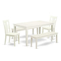 HomeStock 5-Piece Rectangle Linen White Finish Solid Wood Top Dining Table with 2 Benches, 2 Chairs