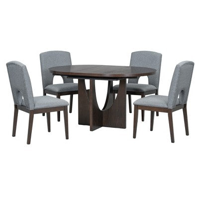 5 Pieces Extendable Round Dining Table Set for 4, Modern Kitchen Dining Table with Removable Leaf and 4 Upholstered Chairs for Dining Room