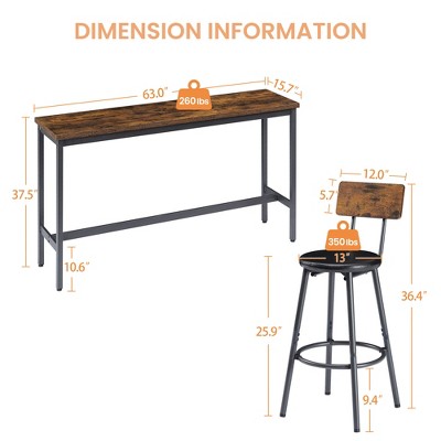 JVNOXK 63-inch Long Bar Table and Chair Set, Includes 3 PU Padded Bar Stools, Industrial Style, Suitable for Living Rooms ,Dark Brown