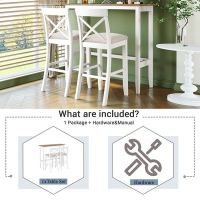3-Piece Farmhouse Bar Height Dining Table Set Kitchen Breakfast Nook Counter Height Dining Set Small Dinette with 2 Cushioned Chairs-HABITRIO