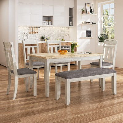 VECELO 6-Piece Wooden Dining Table Set, Dining Table with 4 Armless Upholstered Dining Chairs & Bench for Kitchen, Rubber Wood Legs, Gray