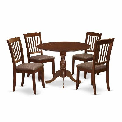 HomeStock 5-Piece Mahogany Finish Solid Wood Top Dining table with 4 Chairs with Drop Leaf Slat Back