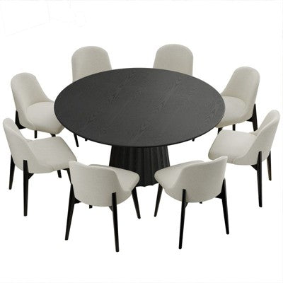 PexFix 60 Modern Round Dining Table Set with 8 Upholstered Chairs Black Textured Wood Top Pleated Pedestal Base Beige Seats for Kitchen Dining Room