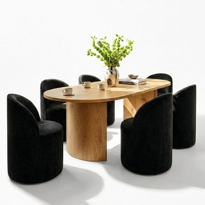 Dining Table Set for 6, Oval 79 Table and Chenille Fabric Armless Barrel Chairs with Casters, Perfect for Kitchens-Panipeachy