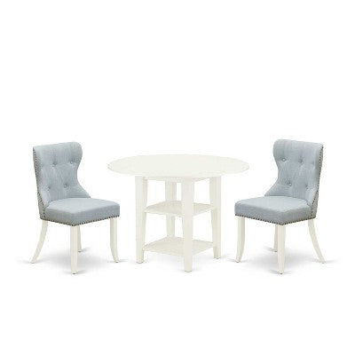 HomeStock 3-Pc Linen White Finish Solid Wood Top Dining Table Set
