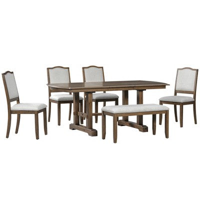 Farmhouse Extendable Dining Table Set for 6, 7 Pieces Wood Expanding Kitchen Table Set with 6 Upholstered Chairs
