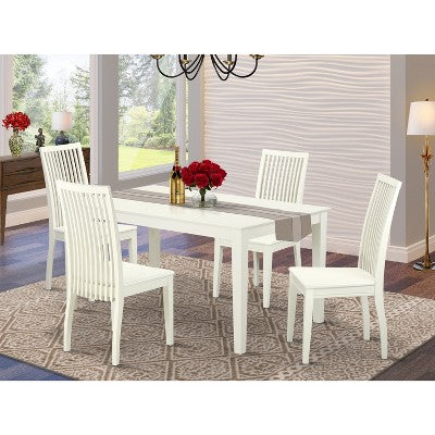 HomeStock 5-Piece Linen White Finish Solid Wood Top Dining Table with 4 Chairs