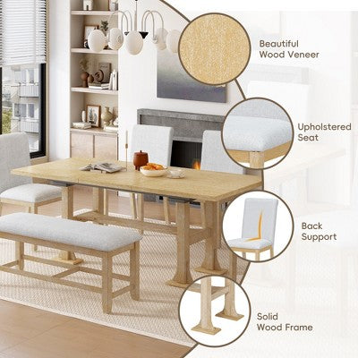 Farmhouse 6-Piece Extendable Dining Table Set with Removable Leaf and Upholstered Dining Chair and Bench 4W - ModernLuxe