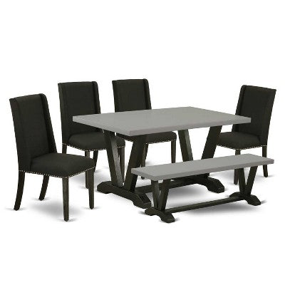 HomeStock 6-Pc Rectangle Natural Oak Finish Solid Wood Top Dining Table with 1-Bench, 4 Upholstered-Chairs