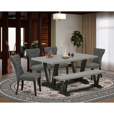 HomeStock 6-Pc Rectangle Natural Oak Finish Solid Wood Top Dining Table with 1-Bench, 4-Chairs