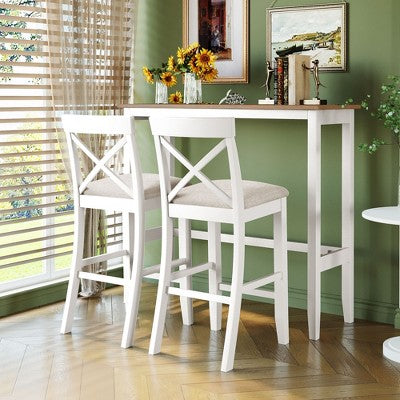 3-Piece Farmhouse Bar Height Dining Table Set Kitchen Breakfast Nook Counter Height Dining Set Small Dinette with 2 Cushioned Chairs-HABITRIO