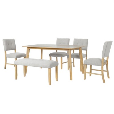 6 Piece Wood Dining Room Table Set, Dining Room Rectangular Table with 4 Upholstered Chairs and Bench