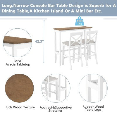 3-Piece Farmhouse Bar Height Dining Table Set Kitchen Breakfast Nook Counter Height Dining Set Small Dinette with 2 Cushioned Chairs-HABITRIO