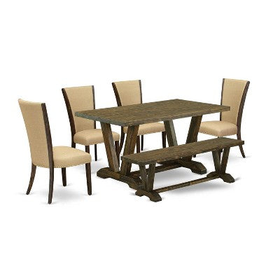 HomeStock 6-Piece Rectangle Distressed Jacobean Finish Solid Wood Top Dining Table with 1-Bench, 4-Chairs