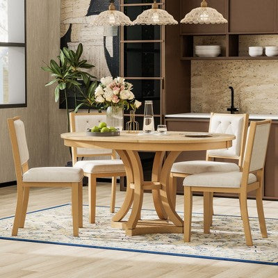 5-Piece Retro Dining Set with Extendable Round Table and 4 Upholstered Chairs