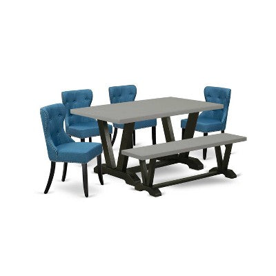 HomeStock 6-Piece Natural Oak Finish Solid Wood Top dining Table with 1-Bench and 4-Chairs