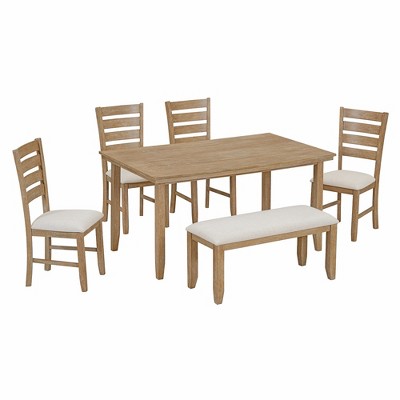 Farmhouse Kitchen Dining Table Set for 6, Wood Rectangle Table and 4 Upholstered Chairs & Bench