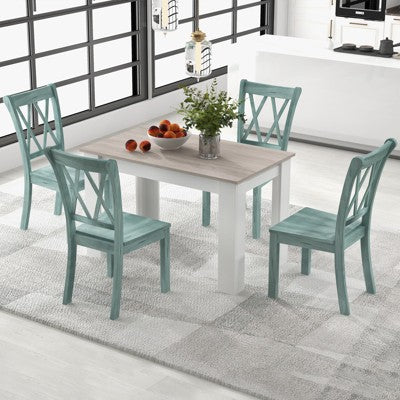 Costway 5 PCS Dining Set Modern Rectangle Table & 4 Rubber Wood Chairs Kitchen Breakfast