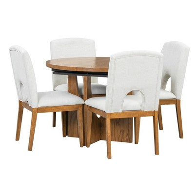 5 Pieces Extendable Round Dining Table Set for 4, Modern Kitchen Dining Table with Removable Leaf and 4 Upholstered Chairs for Dining Room