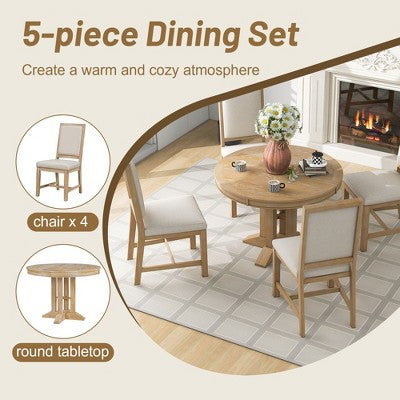 5-Piece Dining Set with Extendable Round Table and 4 Upholstered Chairs - ModernLuxe