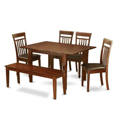 Modern 6 Piece Dining Set - Wood Table & Faux Leather Chairs - Bench Included - 32x60 Inch